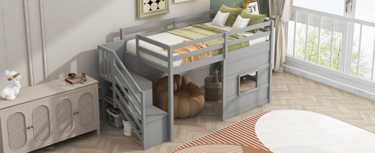 Twin Size Loft Bed With Storage Staircase And Window, With Led Light, Gray