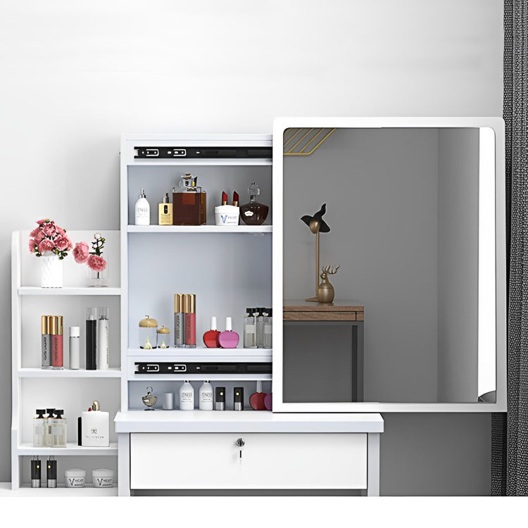Fashion Vanity Desk With Mirror And Lights For Makeup And Chair, Vanity Mirror With Lights And Table Set With 3 Color Lighting Brightness Adjustable, 4 Drawers, White Color