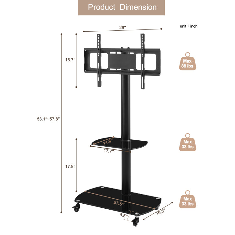 Height And Angle Adjustable Multi Function Tempered Glass Metal Frame Floor With Lockable Wheels Mobile Tv Stand, Lcd Plasma Tv Bracket 2 Tier Tempered Glass Shelves For Multiple Media Devices
