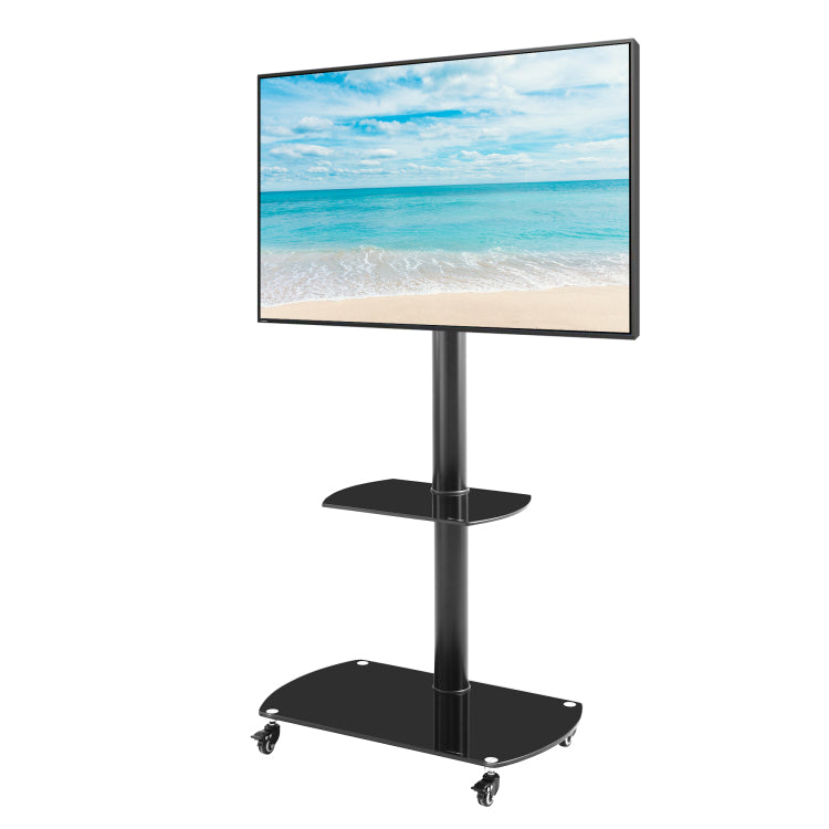 Height And Angle Adjustable Multi Function Tempered Glass Metal Frame Floor With Lockable Wheels Mobile Tv Stand, Lcd Plasma Tv Bracket 2 Tier Tempered Glass Shelves For Multiple Media Devices