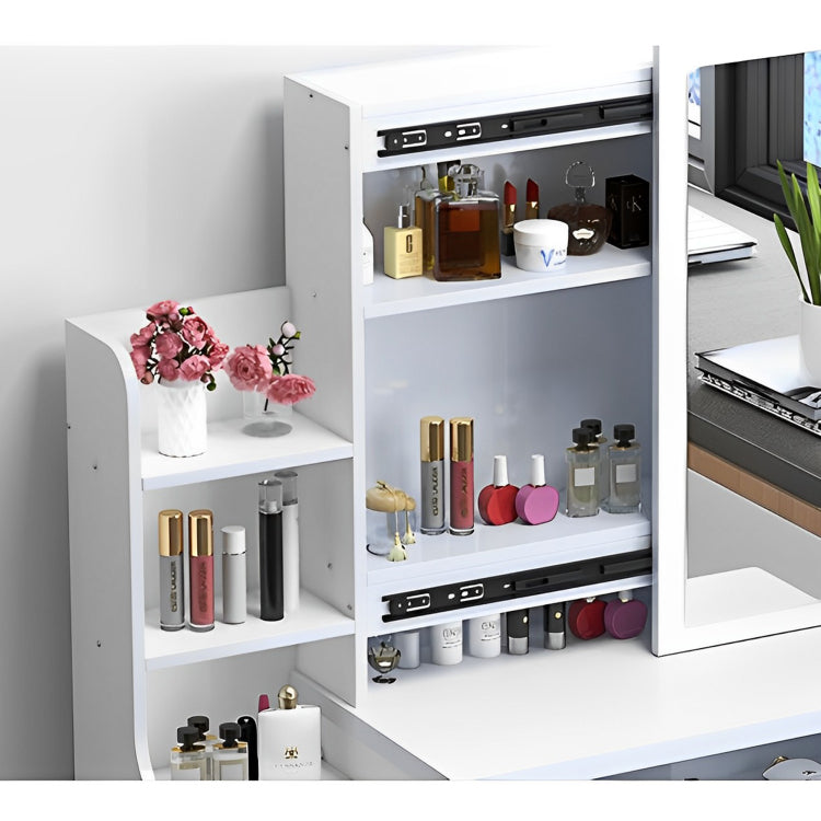 Fashion Vanity Desk With Mirror And Lights For Makeup And Chair, Vanity Mirror With Lights And Table Set With 3 Color Lighting Brightness Adjustable, 4 Drawers, White Color