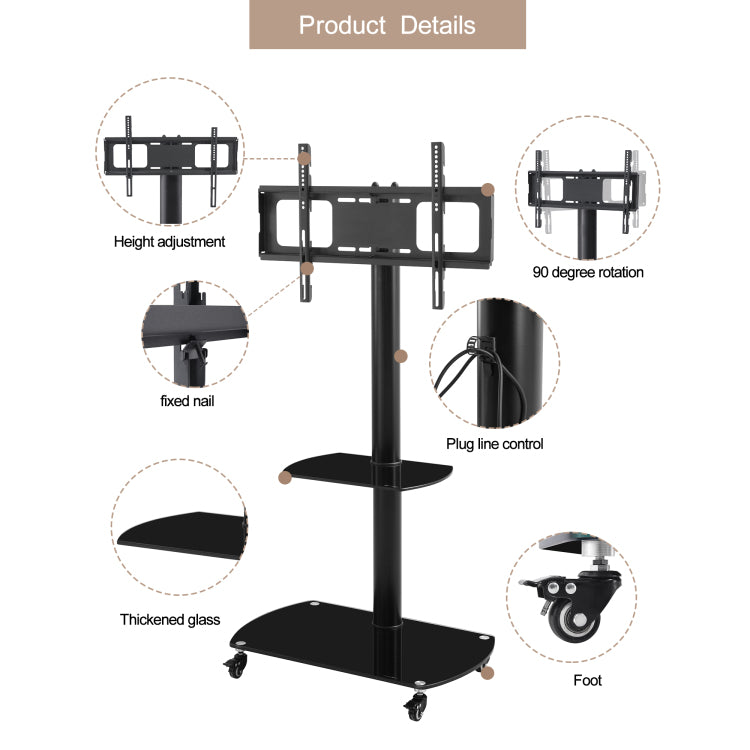 Height And Angle Adjustable Multi Function Tempered Glass Metal Frame Floor With Lockable Wheels Mobile Tv Stand, Lcd Plasma Tv Bracket 2 Tier Tempered Glass Shelves For Multiple Media Devices