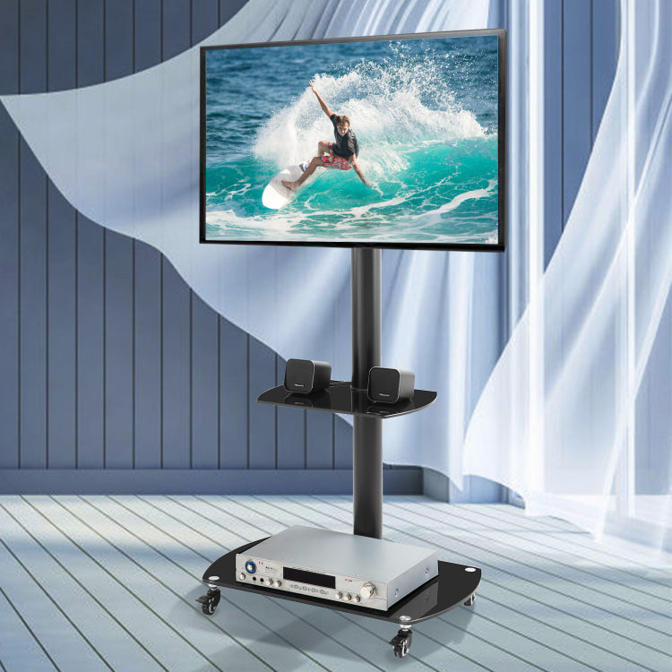 Height And Angle Adjustable Multi Function Tempered Glass Metal Frame Floor With Lockable Wheels Mobile Tv Stand, Lcd Plasma Tv Bracket 2 Tier Tempered Glass Shelves For Multiple Media Devices