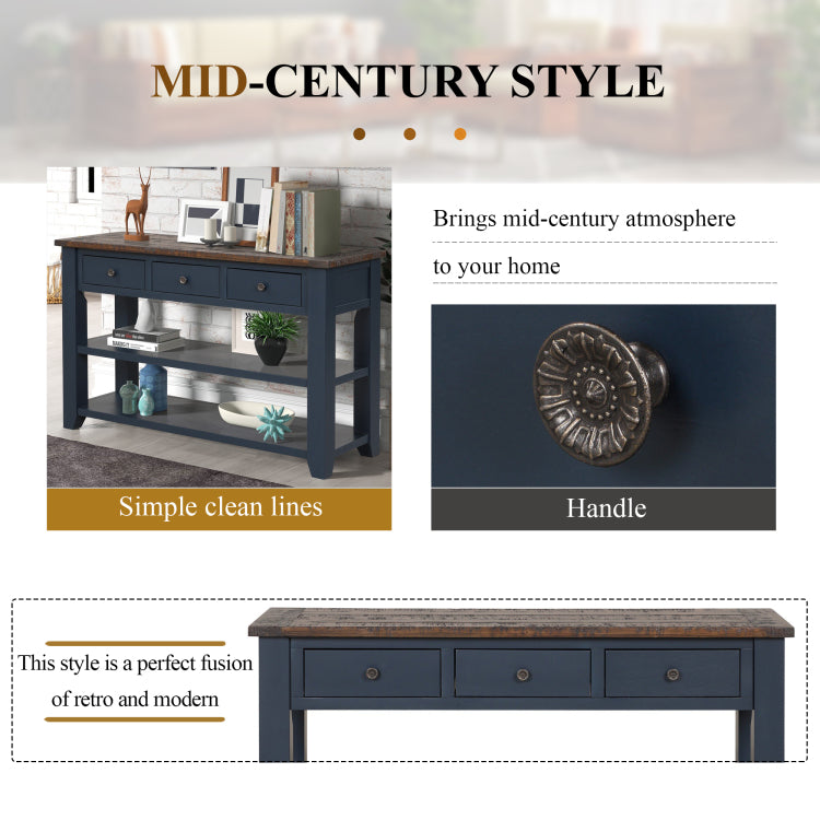 48'' Solid Pine Wood Top Console Table, Modern Entryway Sofa Side Table With 3 Storage Drawers And 2 Shelves. Easy To Assemble Blue