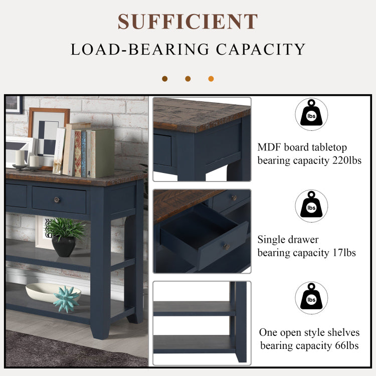 48'' Solid Pine Wood Top Console Table, Modern Entryway Sofa Side Table With 3 Storage Drawers And 2 Shelves. Easy To Assemble Blue