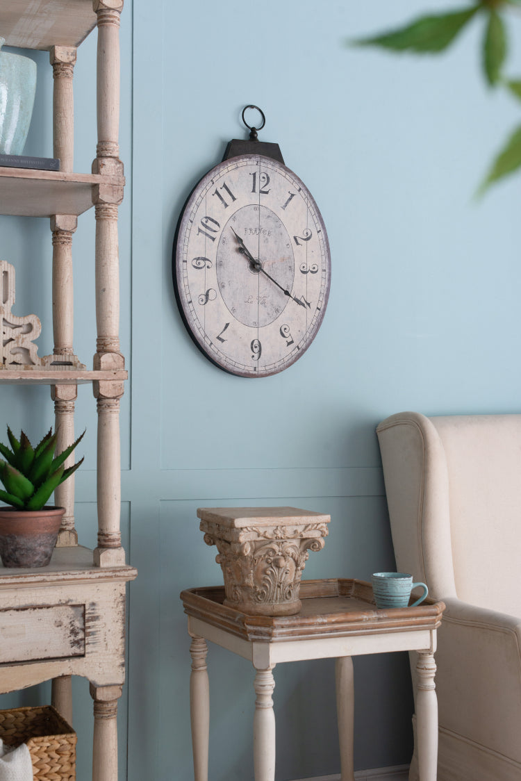 18" X 29" Antique White Oval Wall Clock, Traditional Vintage Home Decor Clock