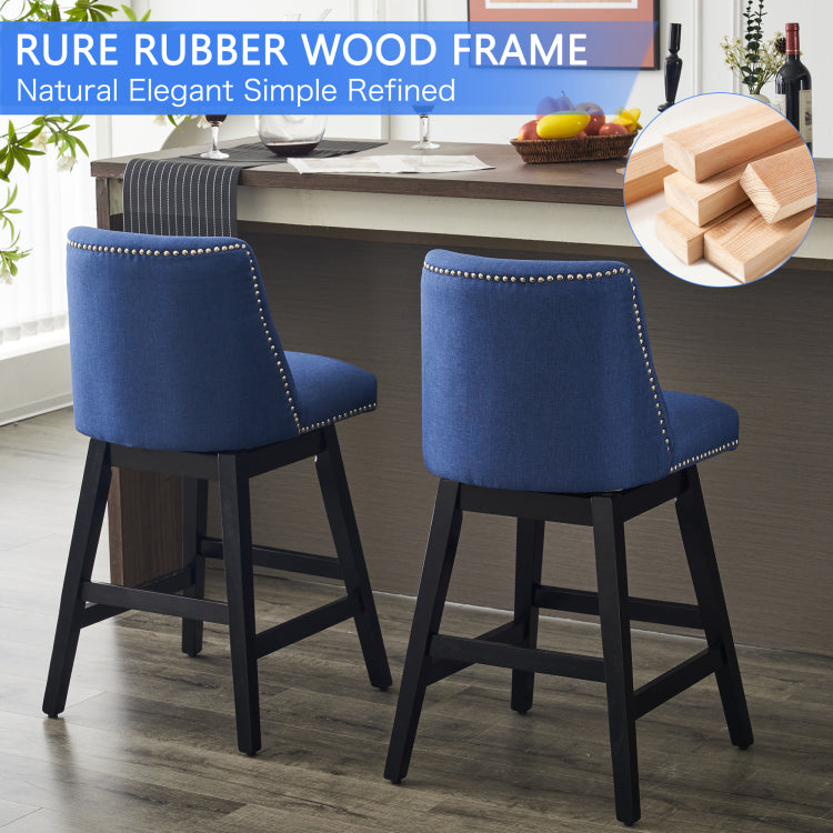 Upholstered Swivel Bar Stools Set Of 2, 26" Counter Height Modern Chairs With Ergonomic Design, Wood Frame & Adjustable Foot Pad For Kitchen Island, Home Bar, Dining Room, Dark Blue