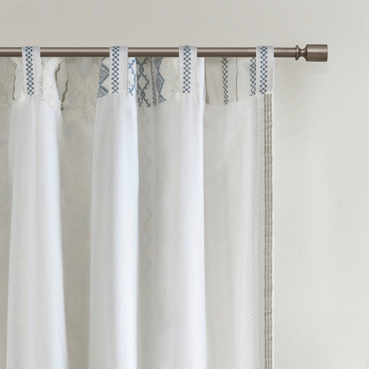 Cotton Printed Curtain Panel With Chenille Stripe And Lining White Navy 50X84"
