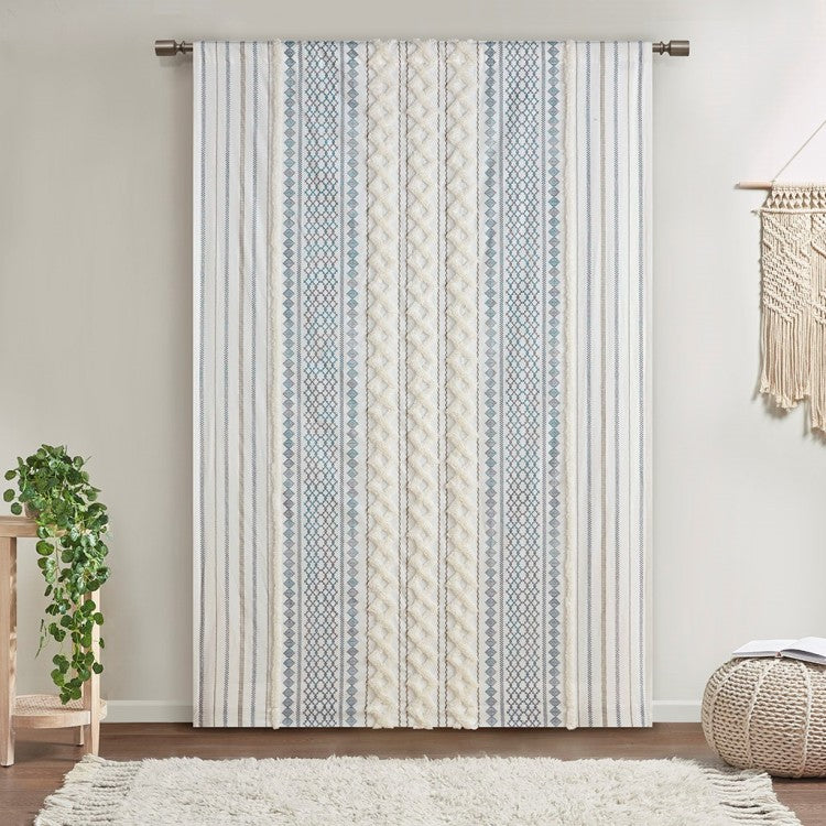 Cotton Printed Curtain Panel With Chenille Stripe And Lining White Navy 50X84"