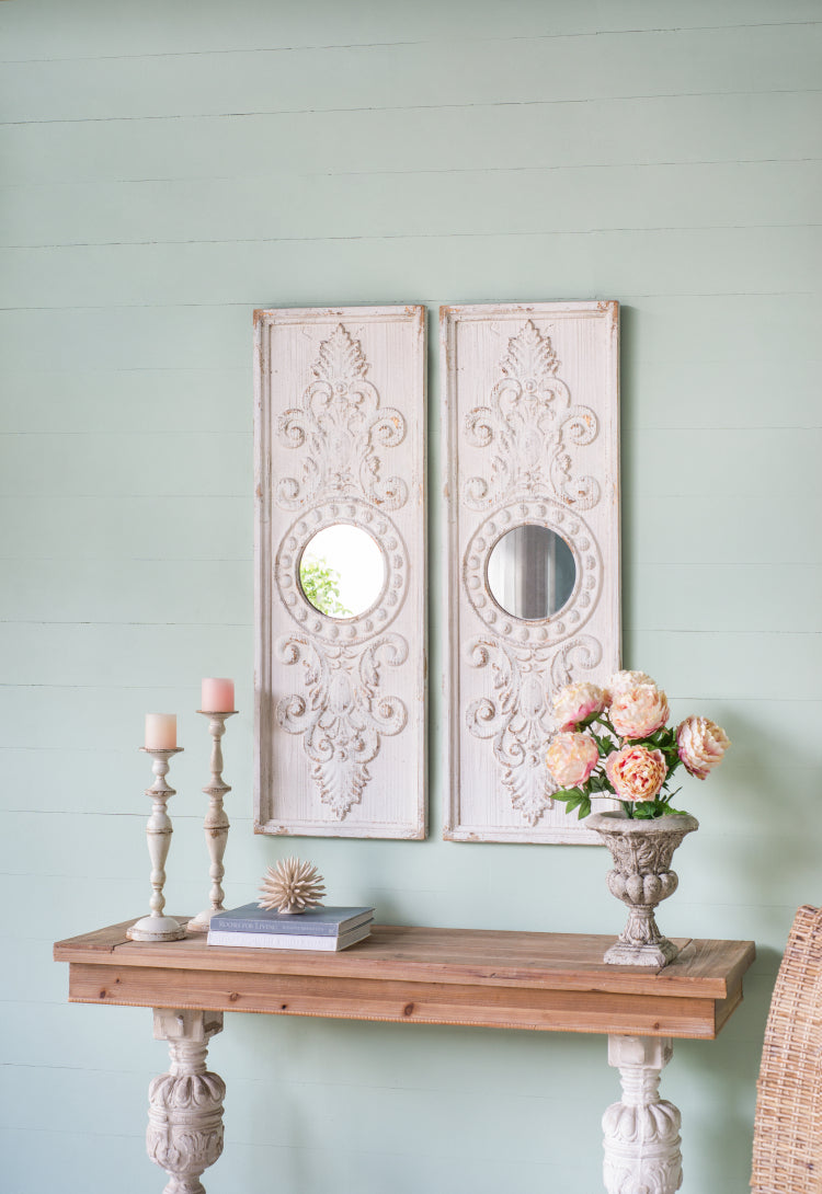 Set Of 2 Large Wooden Wall Art Panels With Distressed White Finish And Round Mirror Accents,17" X 48"
