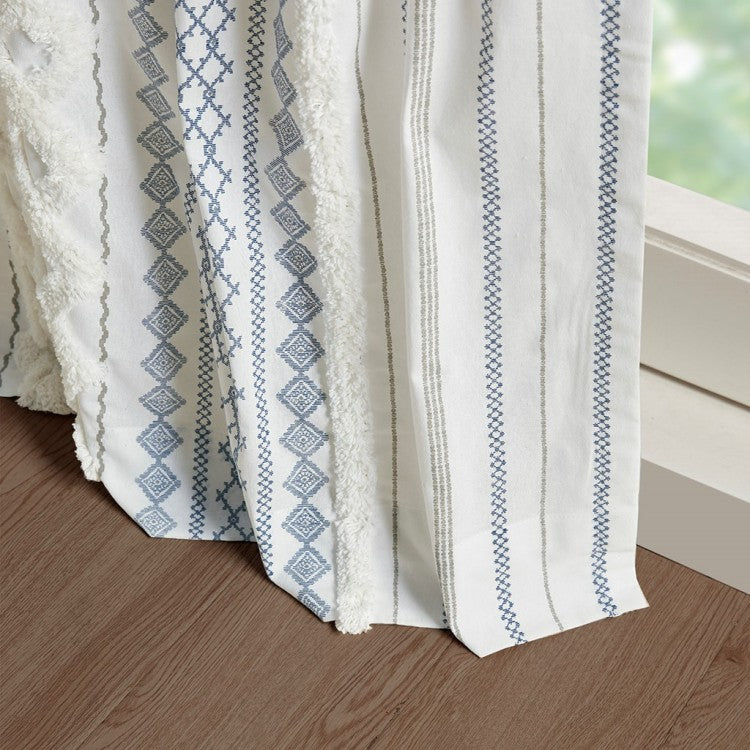 Cotton Printed Curtain Panel With Chenille Stripe And Lining White Navy 50X84"