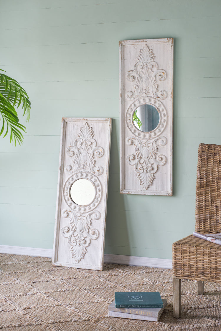 Set Of 2 Large Wooden Wall Art Panels With Distressed White Finish And Round Mirror Accents,17" X 48"