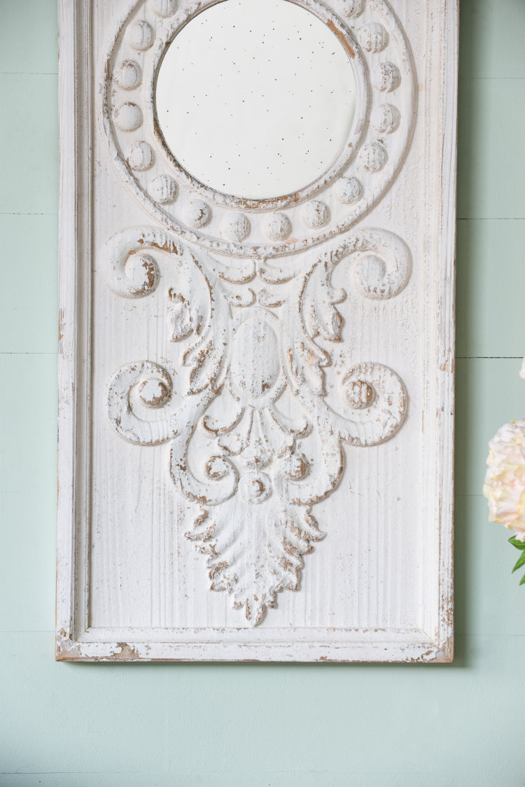 Set Of 2 Large Wooden Wall Art Panels With Distressed White Finish And Round Mirror Accents,17" X 48"