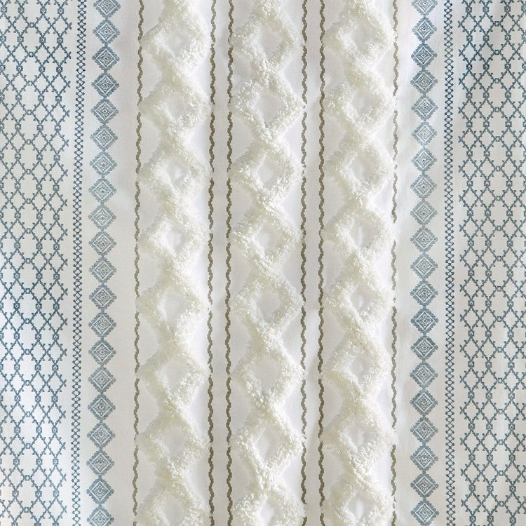 Cotton Printed Curtain Panel With Chenille Stripe And Lining White Navy 50X84"