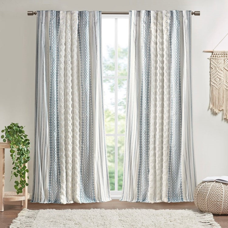 Cotton Printed Curtain Panel With Chenille Stripe And Lining White Navy 50X84"