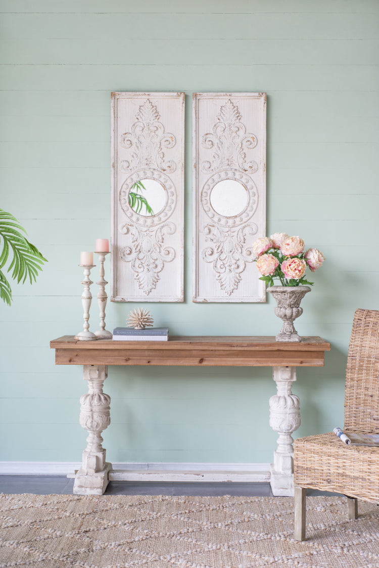 Set Of 2 Large Wooden Wall Art Panels With Distressed White Finish And Round Mirror Accents,17" X 48"