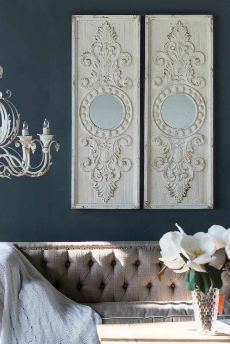 Set Of 2 Large Wooden Wall Art Panels With Distressed White Finish And Round Mirror Accents,17" X 48"