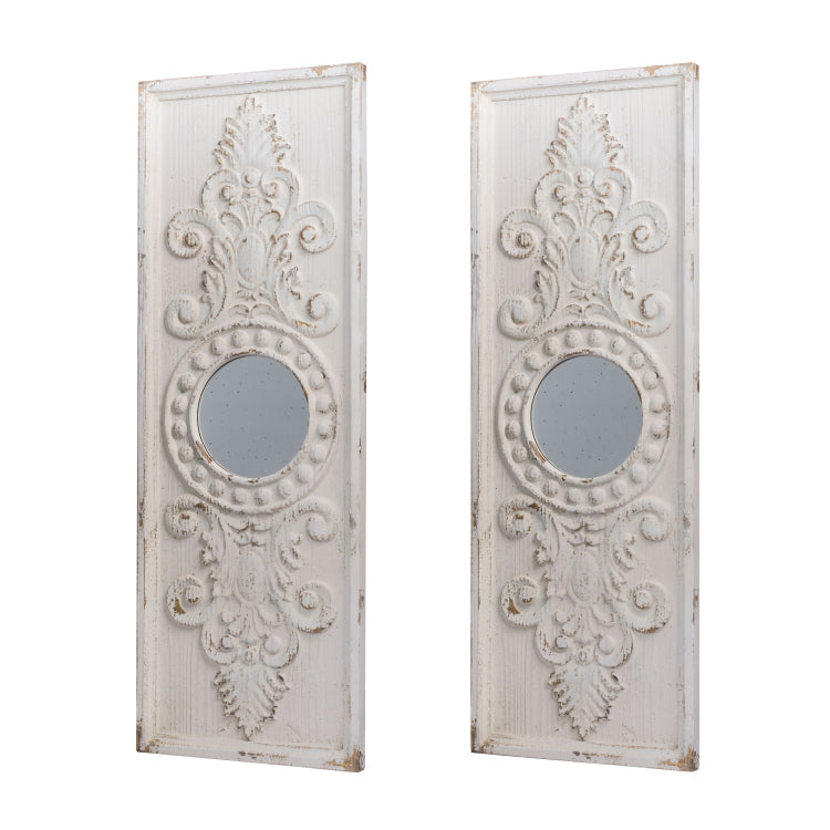 Set Of 2 Large Wooden Wall Art Panels With Distressed White Finish And Round Mirror Accents,17" X 48"