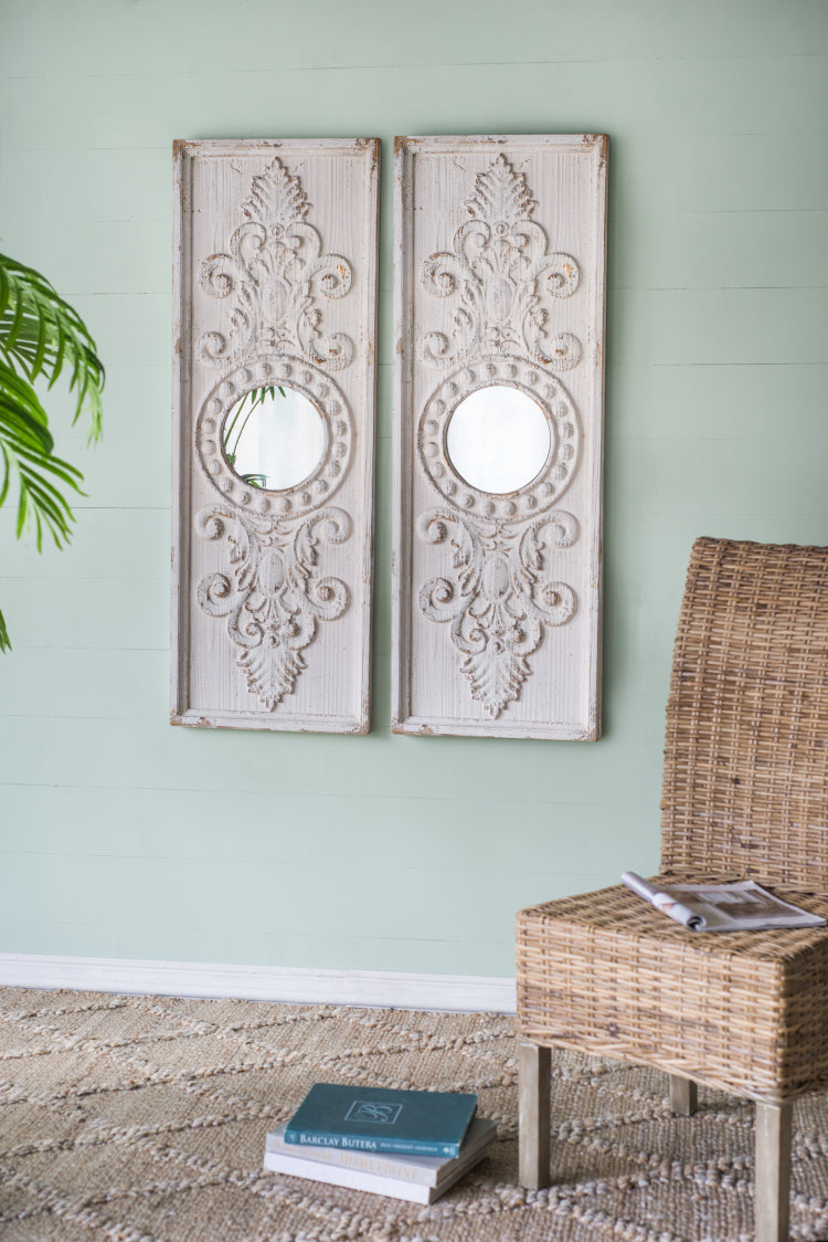 Set Of 2 Large Wooden Wall Art Panels With Distressed White Finish And Round Mirror Accents,17" X 48"