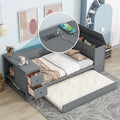 Twin Size Daybed With Storage Arms, Trundle And Charging Station, Gray