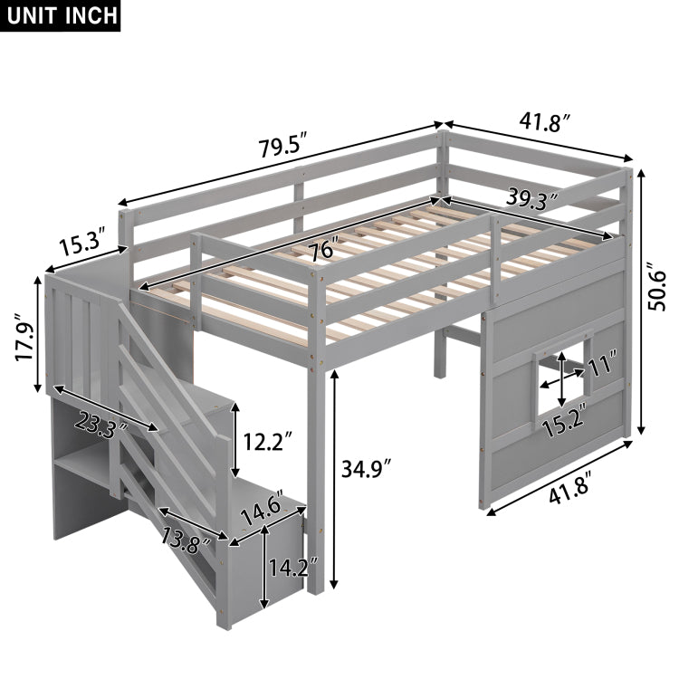 Twin Size Loft Bed With Storage Staircase And Window, With Led Light, Gray