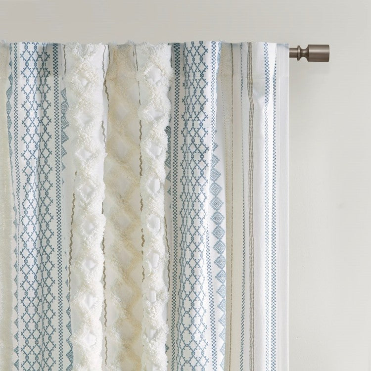 Cotton Printed Curtain Panel With Chenille Stripe And Lining White Navy 50X84"