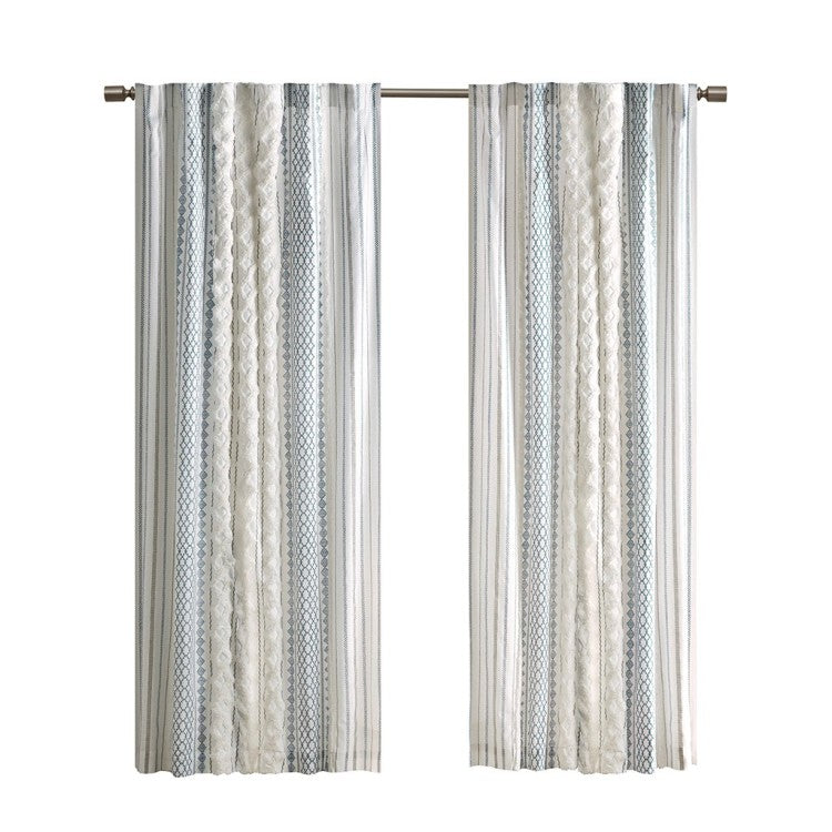 Cotton Printed Curtain Panel With Chenille Stripe And Lining White Navy 50X84"