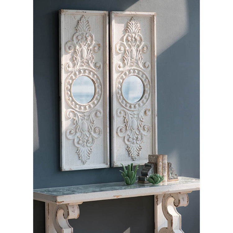 Set Of 2 Large Wooden Wall Art Panels With Distressed White Finish And Round Mirror Accents,17" X 48"