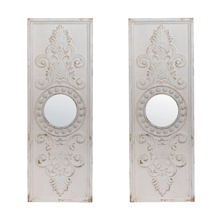 Set Of 2 Large Wooden Wall Art Panels With Distressed White Finish And Round Mirror Accents,17" X 48"