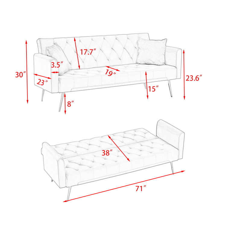71 Inch Convertible Beautiful Seat Sofa, American Vintage Grey Velvet Material, Suitable For Small Living Room, Bedroom, Office