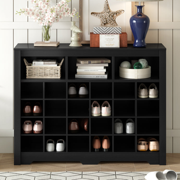 Sleek Design 24 Shoe Cubby Console, Modern Shoe Cabinet With Curved Base, Versatile Sideboard With High Quality For Hallway, Bedroom, Living Room, Black