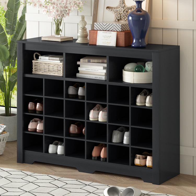 Sleek Design 24 Shoe Cubby Console, Modern Shoe Cabinet With Curved Base, Versatile Sideboard With High Quality For Hallway, Bedroom, Living Room, Black