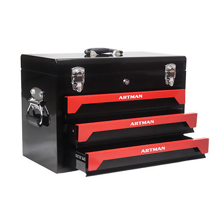 20" Portable 3 Drawer Steel Tool Box With Metal Latch Closure, Black&Red