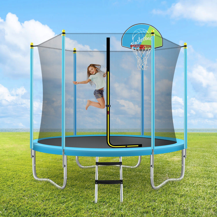 8Ft Trampoline For Kids With Safety Enclosure Net, Basketball Hoop And Ladder, Easy Assembly Round Outdoor Recreational Trampoline