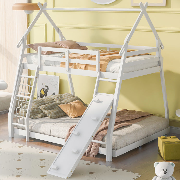 Twin Over Queen House Bunk Bed With Climbing Nets And Climbing Ramp, White