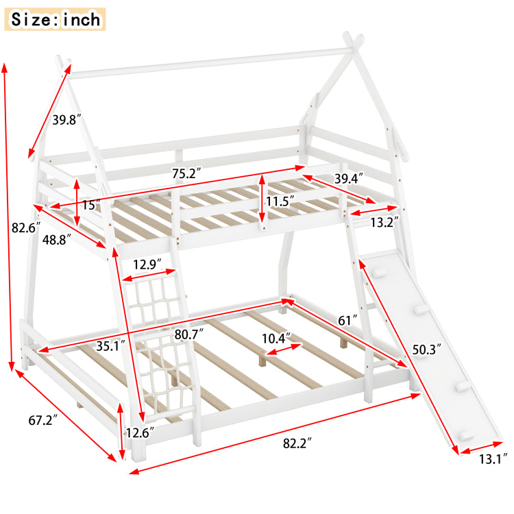 Twin Over Queen House Bunk Bed With Climbing Nets And Climbing Ramp, White