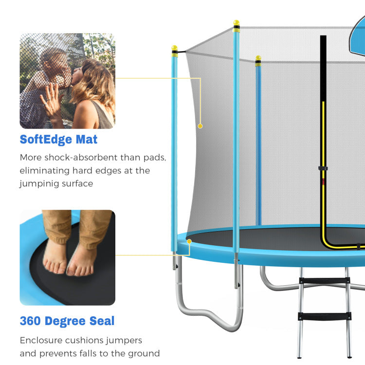 8Ft Trampoline For Kids With Safety Enclosure Net, Basketball Hoop And Ladder, Easy Assembly Round Outdoor Recreational Trampoline