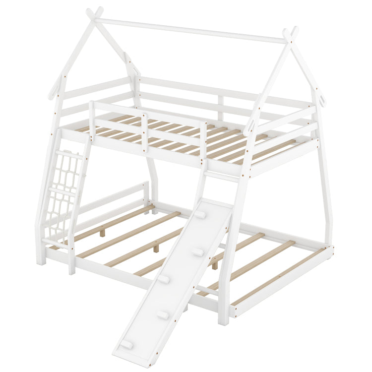 Twin Over Queen House Bunk Bed With Climbing Nets And Climbing Ramp, White