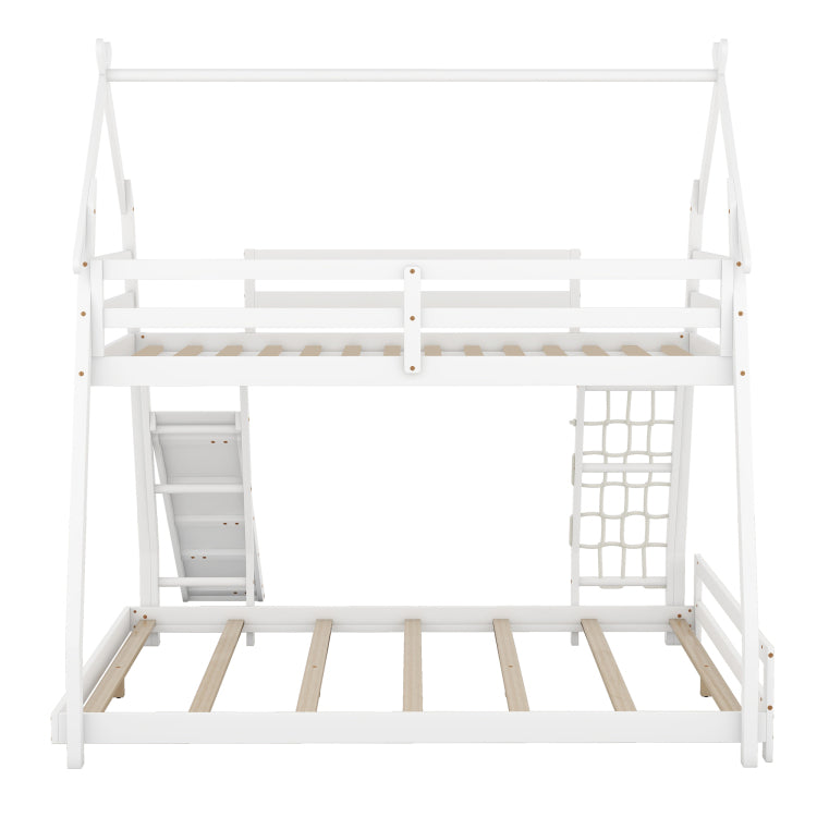 Twin Over Queen House Bunk Bed With Climbing Nets And Climbing Ramp, White