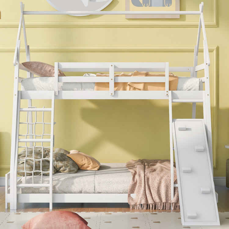 Twin Over Queen House Bunk Bed With Climbing Nets And Climbing Ramp, White