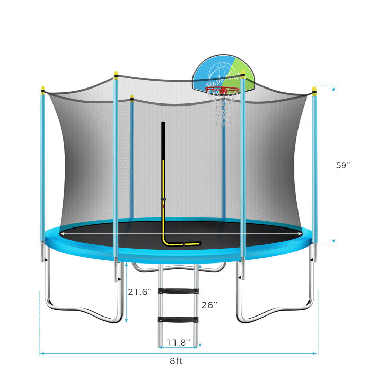 8Ft Trampoline For Kids With Safety Enclosure Net, Basketball Hoop And Ladder, Easy Assembly Round Outdoor Recreational Trampoline
