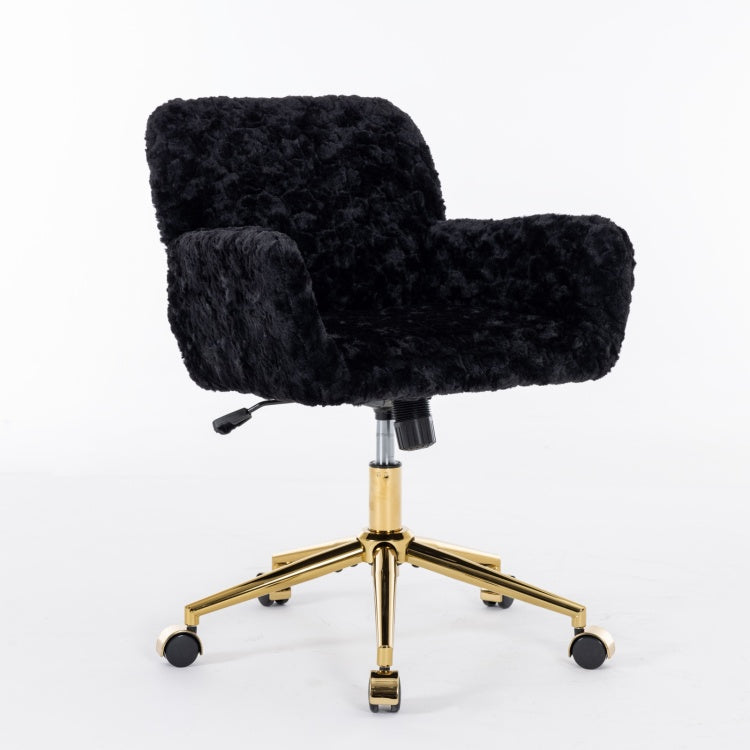 Office Chair,Artificial Rabbit Hair Home Office Chair With Golden Metal Base,Adjustable Desk Chair Swivel Office Chair,Vanity Chair Black