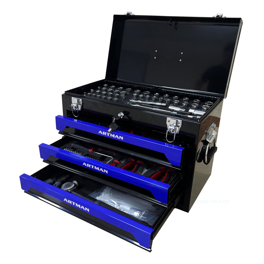 20'' Portable 3 Drawer Steel Toolbox, 4 Layers Of Tools With Metal Latches, With Top Storage Tray And Carrying Handle, Multi Function Tool Storage For Garage, Home, Or Workbench ,Black&Blue