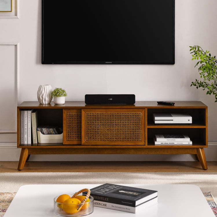 59 Inch Mid Century Modern Rattan Tv Stand For 65 Inch Tv, Entertainment Cabinet, Media Console For Living Room Media Room, Solid Wood Feet & Rattan Cabinet Doors Light Wood