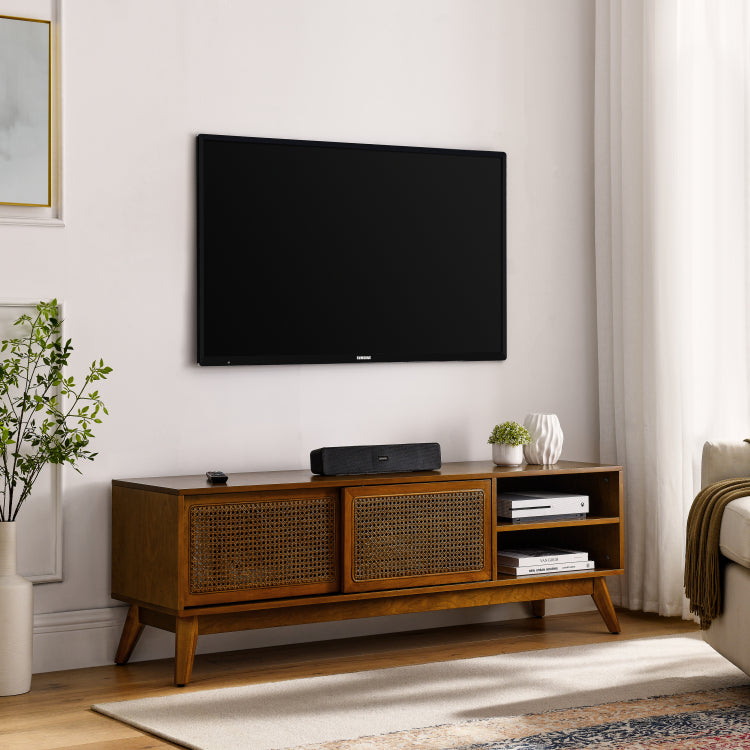 59 Inch Mid Century Modern Rattan Tv Stand For 65 Inch Tv, Entertainment Cabinet, Media Console For Living Room Media Room, Solid Wood Feet & Rattan Cabinet Doors Light Wood