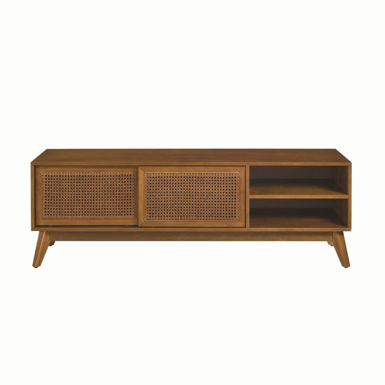 59 Inch Mid Century Modern Rattan Tv Stand For 65 Inch Tv, Entertainment Cabinet, Media Console For Living Room Media Room, Solid Wood Feet & Rattan Cabinet Doors Light Wood