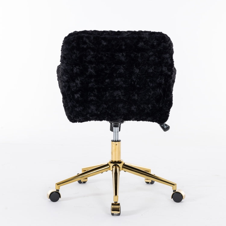Office Chair,Artificial Rabbit Hair Home Office Chair With Golden Metal Base,Adjustable Desk Chair Swivel Office Chair,Vanity Chair Black