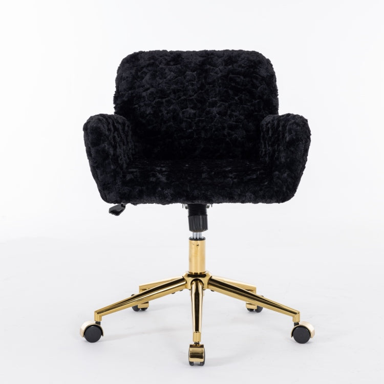 Office Chair,Artificial Rabbit Hair Home Office Chair With Golden Metal Base,Adjustable Desk Chair Swivel Office Chair,Vanity Chair Black