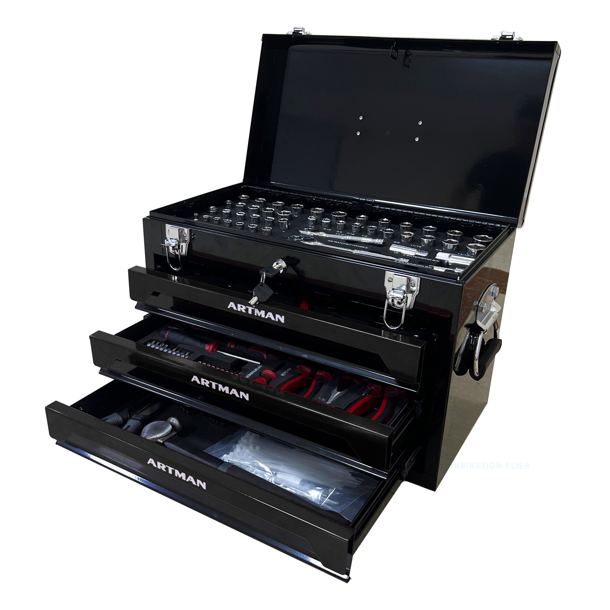 20'' Portable 3 Drawer Steel Toolbox, 4 Layers Of Tools With Metal Latches, With Top Storage Tray And Carrying Handle, Multi Function Tool Storage For Garage, Home, Or Workbench,Black