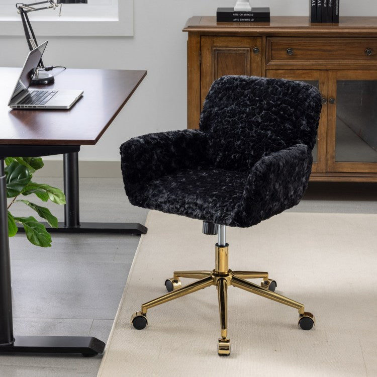 Office Chair,Artificial Rabbit Hair Home Office Chair With Golden Metal Base,Adjustable Desk Chair Swivel Office Chair,Vanity Chair Black